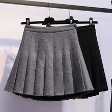 Плиссированные мини-юбки размера плюс на осень и зиму, шерстяные серые плиссированные юбки с высокой талией, корейские женские черные мини-юбки