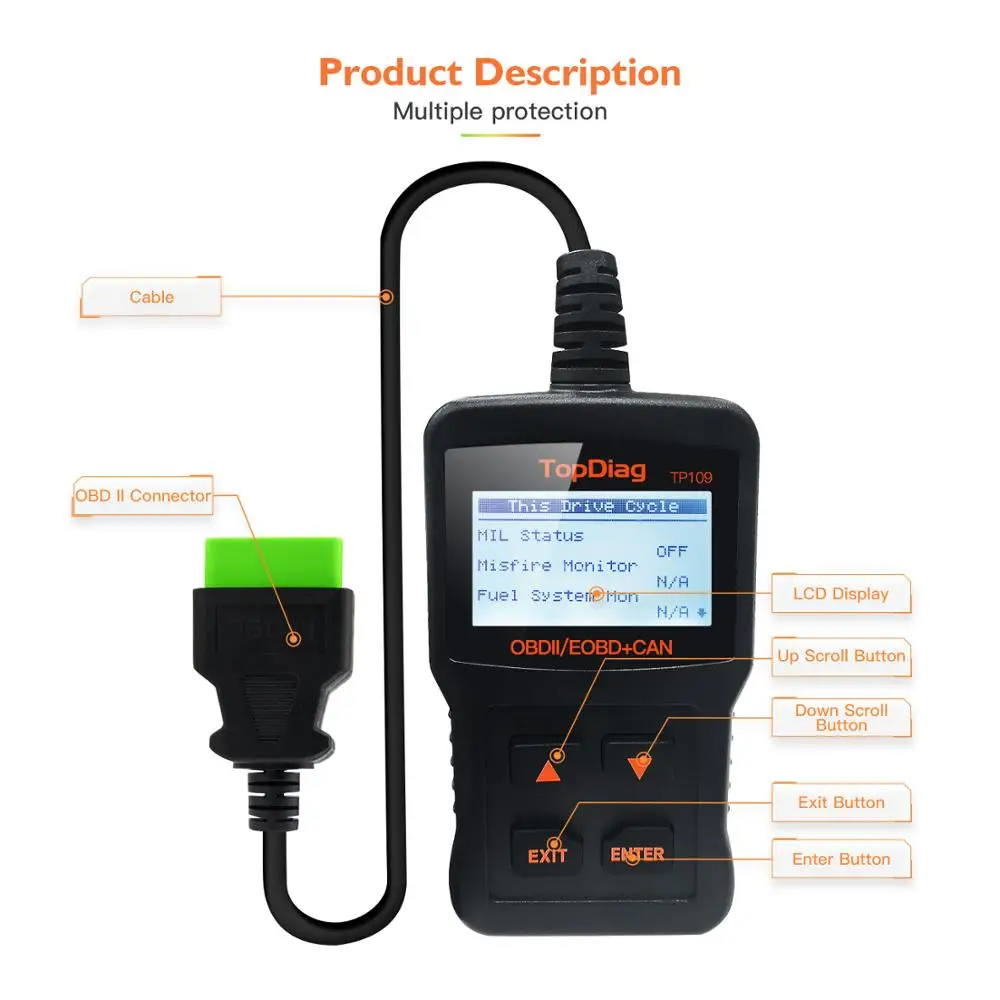 

TP109 OBD2 Scanner Car Engine Fault Code Reader CAN Diagnostic Scan Tool Suitable Compatible EOBD Vehicles Scan Tool