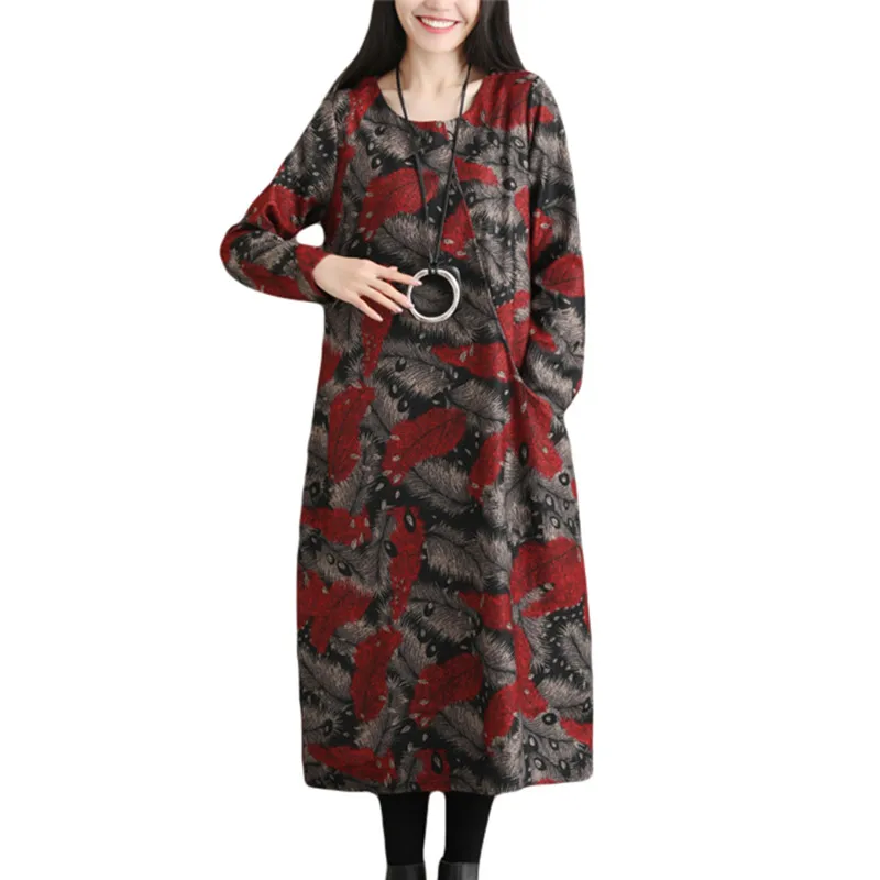 

Uego Woolen Dress Soft Cotton Thicken Warn Autumn Winter Dress Print Floral Vintage Dress Plus Size Women Casual Midi Dress