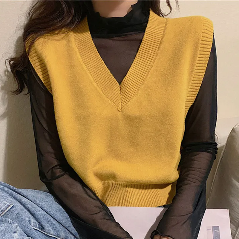 

Sweater Vests Knitted Solid Color Autumn And Winter Korean Style V Neck Knitted Solid Color Sleeveless Vest Sweaters Black
