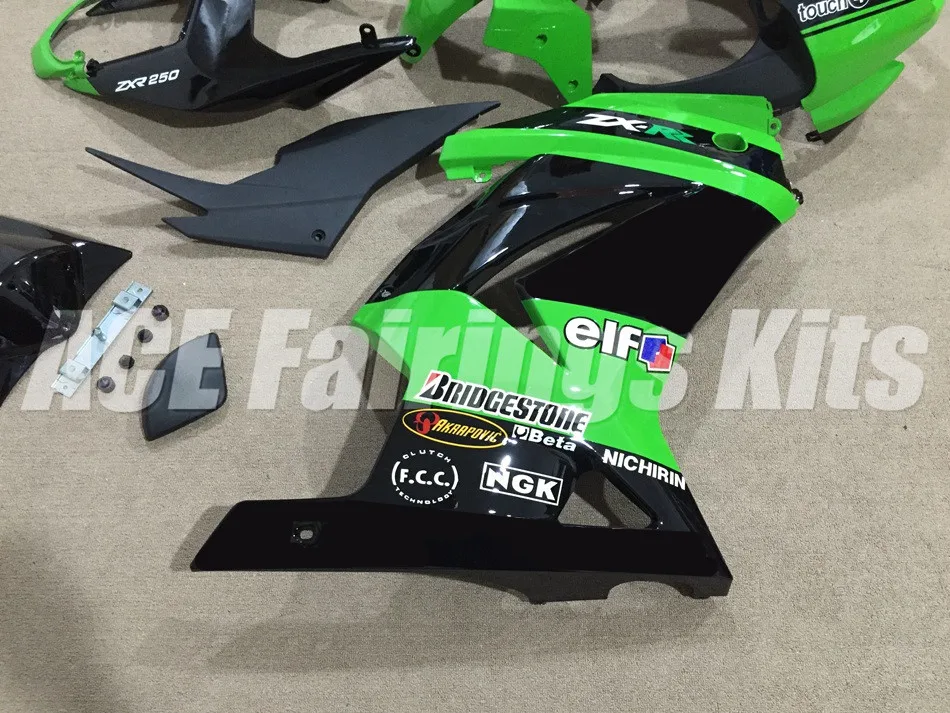 ABS Обтекатели комплект подходит для Kawasaki Ninja 250 EX250 ZXR250 2008- 08 09 10 11 12 13 14(литья под давлением) зеленый черный эльф
