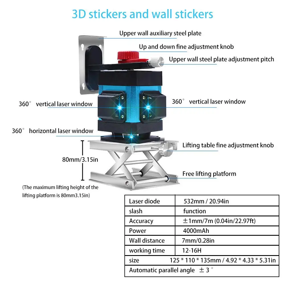3D Laser Levels Blue Light 12 Line Affixing Instrument Level Meter High Precision Flat Glare Floor Tile Leveling Instrument