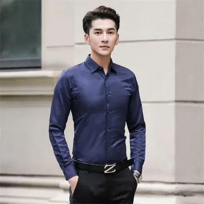 deepblue long sleeve Мужская официальная офисная блуза, рубашка джентльмена, рубашка с длинным рукавом, деловая рубашка, однотонная, простая, размера плюс, 5XL, рабочая блуза, элегантная ткань - Цвет: deepblue long sleeve