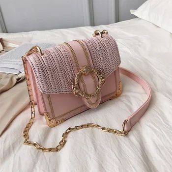 

Fashion Women Alloy Messenger Bags Casual Pu Shoulder Bags Summer Beach Weave Vacation Crossbody Bag Pink