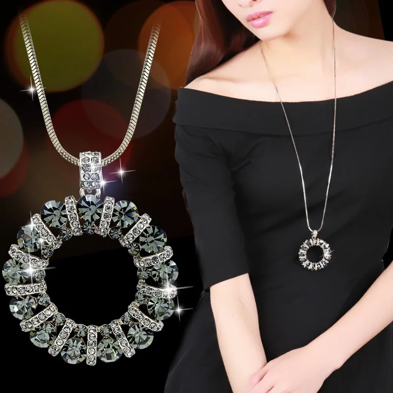 Модная круглая подвеска с кристаллами Длинное Ожерелье для женщин новые трендовые ювелирные изделия ожерелье для свитера s - Окраска металла: grey