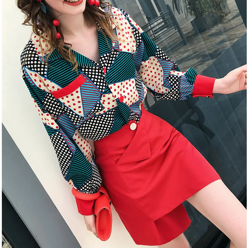 

Retro Print Shirt Set Dress INS Early Autumn Network Red Port Kong-Style Half-length Short Skirt Two-Piece Set Popular Brand