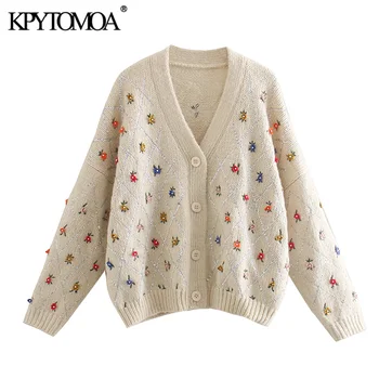 Винтажный Стильный вязаный кардиган с блестками и вышивкой для женщин 2020, Модный женский кардиган с v-образным вырезом и длинным рукавом, ве...