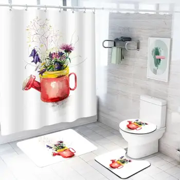 

Flower vase pattern bathroom Sets with Polyester Waterproof Shower Curtain flannel floor mat toilet lid cover U-shaped pad