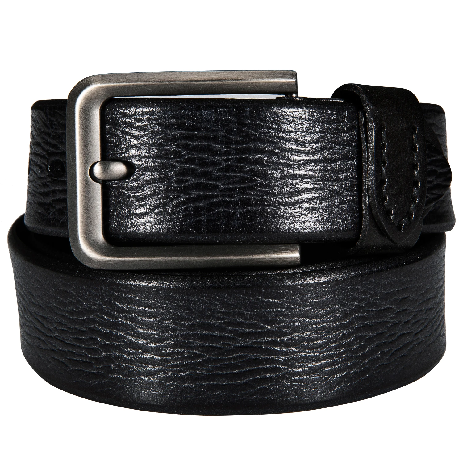 

Barry.Wang Black Leather Belt for Men Silver Alloy Pin Buckle Belt Cowhide Retro Waist Belt Single Prong Buckle Strap for Jeans