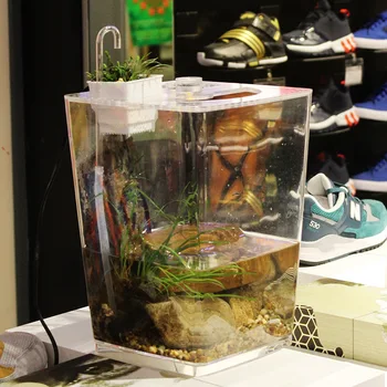 

Fish Tank Transparent Desktop Aquarium Small Filter Circulation LED Light Landscaping Plant Basket Home Box Case Decoration