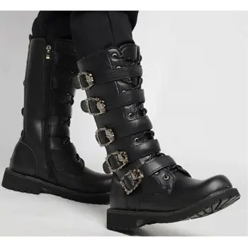 

Punk Rock Mens Black Goth Mid Calf Boots Large Size British Cowboy Shoes Belt Buckle Army PU Leather Plus Sz B224
