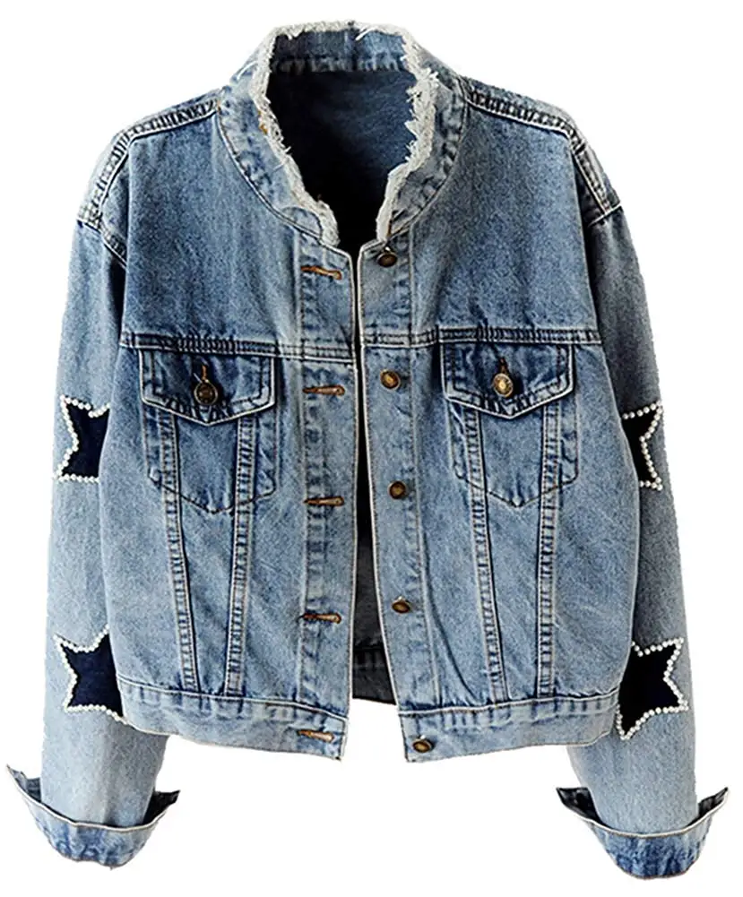 wonderful  Women's Star Embroidered Rivet Pearl Denim Jacket Coat