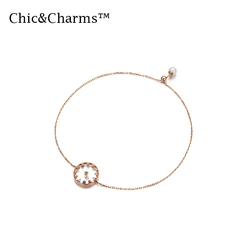 

Chic&Charms 9K&14K Real Rose Gold Bracelets Women Sporty Pearl White Sapphire Natural Colored Gemstone Bracelet Jewelry