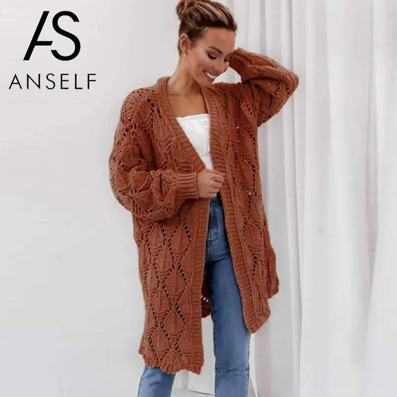 

ANSELF 2019 Autumn Long Outerwear Coat Women Knitted Cardigan Sweater Open Front Hollow Out Long Sleeve Loose Knitwear female