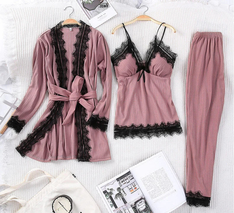 Queenral 3PCS Pyjama Femme Long Sleeve Pijama  For Women Sleepwear Set Home Clothes Pajamas Sets Sexy Lace Robe Pajamas         10
