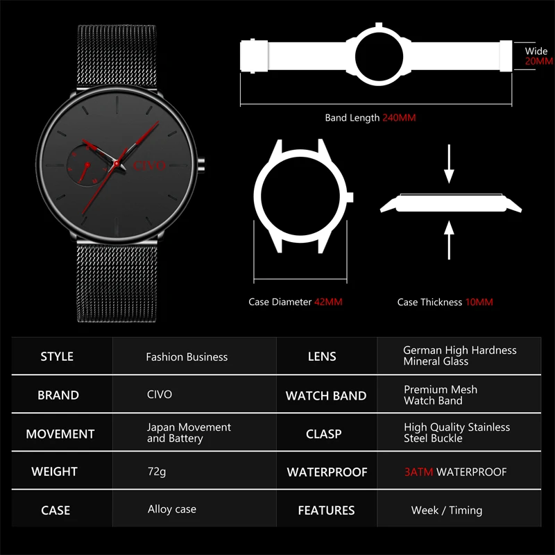 CIVO модные мужские часы кварцевые часы мужские водонепроницаемые минималистичные ультра тонкие наручные часы из нержавеющей стали с сеткой для мужчин подарок часы