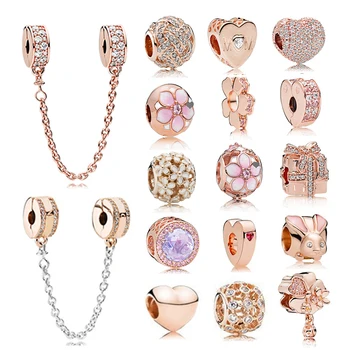 

NEW 100% 925 Sterling Silver 1:1 Authentic Charm Rose Gold Daisies Heart-Shaped Rabbit Beaded Safety Clip Safety Chain