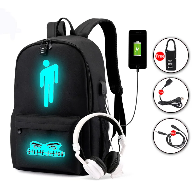 Поп-Певец Billie Eilish рюкзак для подростков мальчиков и девочек светящийся школьный рюкзак usb зарядка Противоугонный водонепроницаемый рюкзак для ноутбука - Цвет: black