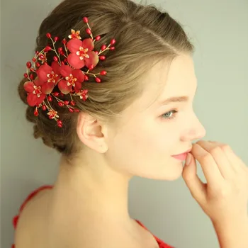 

2020 Fashion NPASON Fashion Red Floral Crystal Pretty Hairpin Pearl Bridal Hair Clip