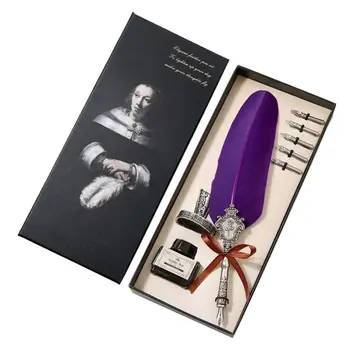 

Retro Classical Feather Quill Dip English Calligraphy Fountain Pen with Writing Ink 5 Nibs Kit Set Stationery Gift Box