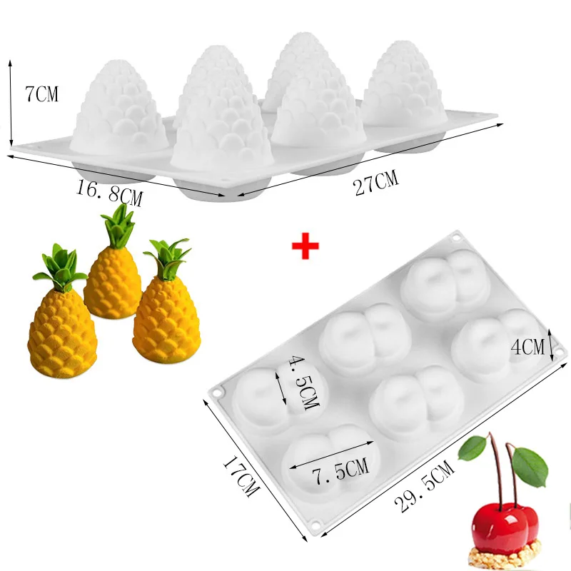3D силиконовая форма для торта в форме фруктов, форма для мусса, десерта, форма для яблока, лимона, груши, печенья, шоколада, формы для выпечки, сделай сам, противень для выпечки - Цвет: Pineapple and Cherry
