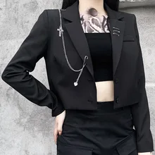 Moda punk blazer pino broche cruz corrente de metal feminino manga longa terno jaqueta streetwear gótico lapela botão up cropped casaco