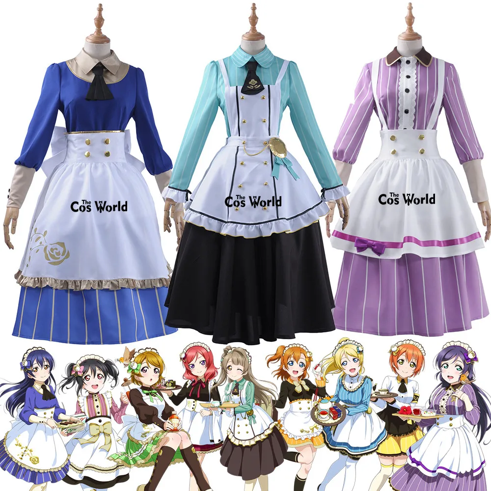 Love Live 9 Characters Tea Party Kousaka Honoka Minami Kotori Sonoda Umi Ayase Eli Maid Apron Dress Uniform Cosplay Costumes |