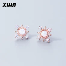 XIHA 925 Sterling Silver Stud Earrings for Women Rose Color Snowflake Opal Silver Earring for Girl CZ Korean Fashion Jewelry