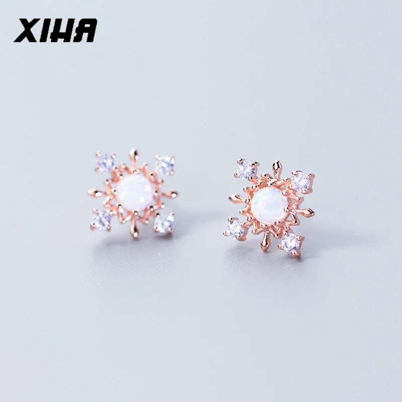 

XIHA 925 Sterling Silver Stud Earrings for Women Rose Color Snowflake Opal Silver Earring for Girl CZ Korean Fashion Jewelry