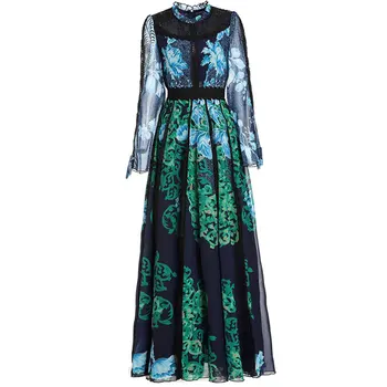 

2019 Spring Runway Design Stand Long Sleeve Retro Flowers Print Lace Patchwork Nobel Woman Maxi Long Vestidos Dress