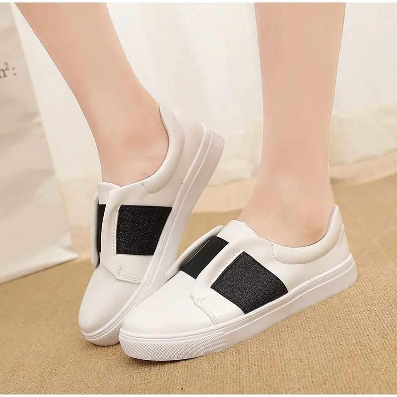 MCCKLE Bling Slip On Shoes Woman Flats Autumn Vulcanized Ladies Platform Comfortable Casual White Shoes Female Fashion Plus Size