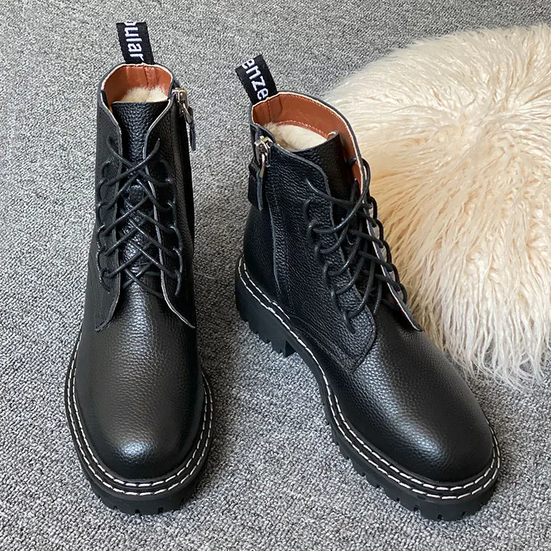 Tanie Donna in zimowe platformy botki dla kobiet z futra prawdziwej skóry zasznurować ciepła wełna pokryte moda czarne botki motocyklowe
