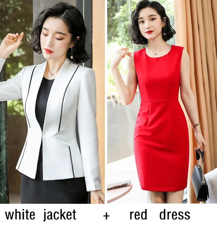 white jacket red Женские костюмы тонкий осенний пиджак платье 2 шт набор OL формальные деловые женские платья костюмы женский комплект костюмы 8161 - Цвет: white jacket red