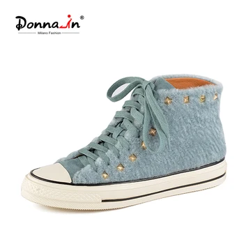 

Donna-in Casual High-top Sneakers Women Natural Lambswool Round Toe Lace Up Lady Flat Shoes Brand Fashion Rivet Autumn Footwear
