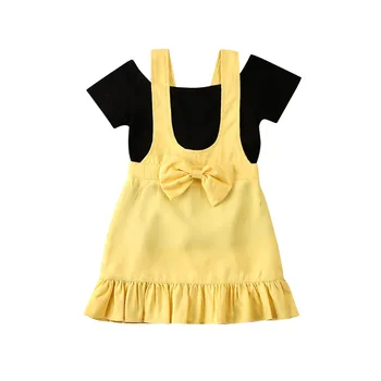 

AA Children Toddler Kids Baby Girl Clothes Set Summer Short Sleeve T-shirt Bow-knot Bib Strap Dress Outfit 18 Months-6 Years