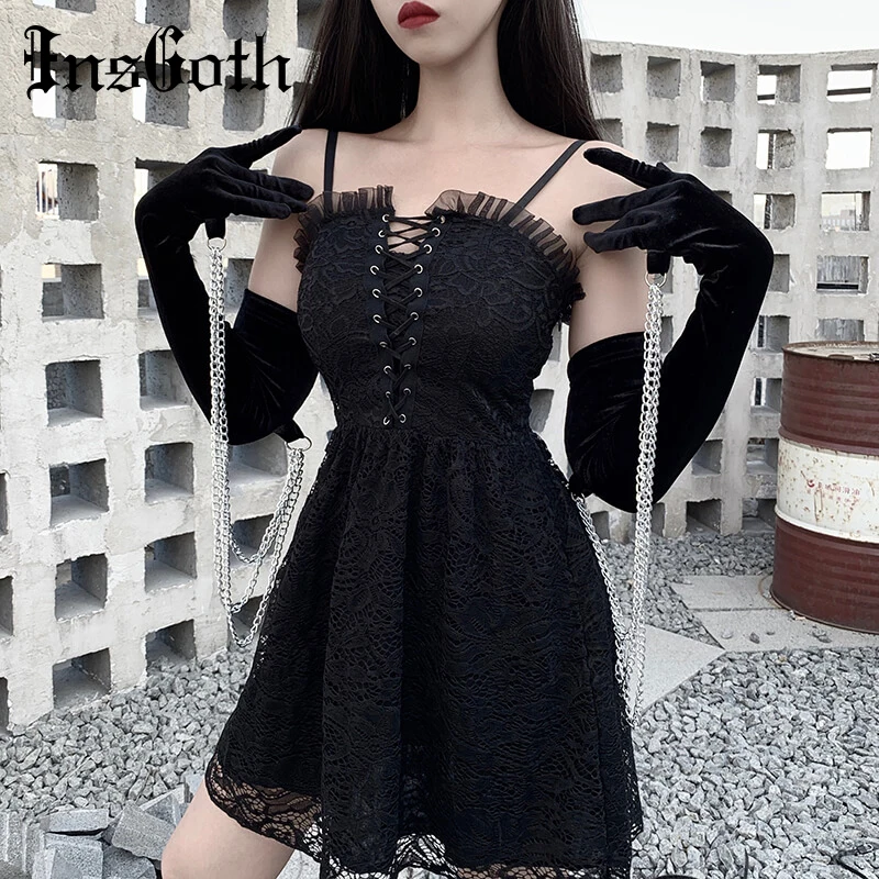 

InsGoth Full Finger Women Black Gloves Winter Warm Mittens Metal Chain Gothic Party Sexy Elegant Women Black Solid Long Mittens