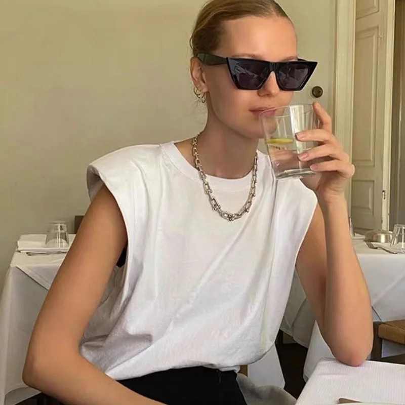 Viifaa White T Shirt with Shoulder Pad Sleeveless Round Neck Summer Tshirt Women Casual Loose Office Ladies Tops