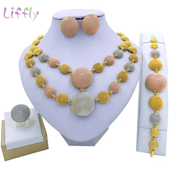 

Liffly African Fashion Bridal Jewelry Set Round Shape Big Necklace Dubai Wedding Party Bracelet Earrings Jewelry sets for Women