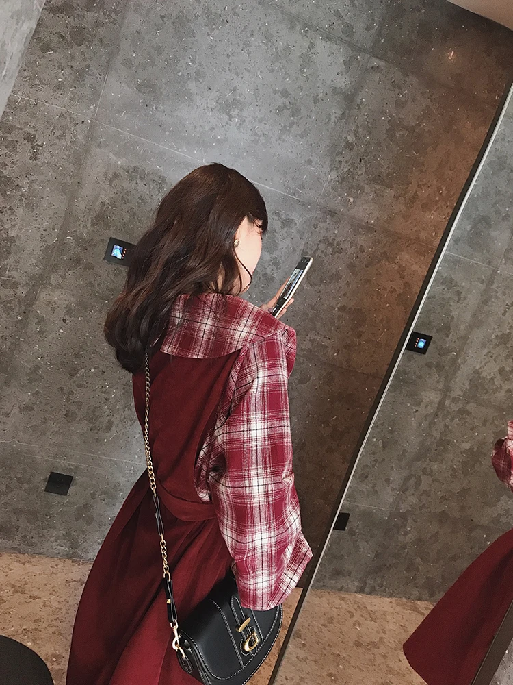 MISHOW Autumn Winter Dress Vintage Plaid Red Long Sleeve Waist Belt Female Mid-Long Dresses MX19D1968