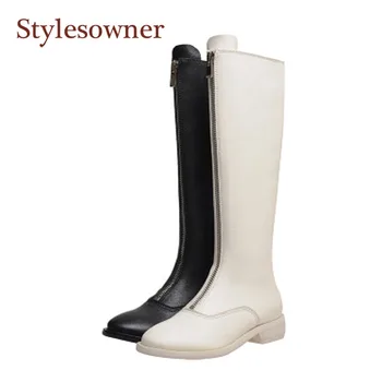 

New Arrivial Women Boots White Black Knee Boots Front Zipper Flat Bottom High Top Round Toe Square Heel Fashionable Knight Boots