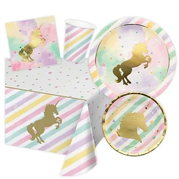 

Unicorn Themed Birthday Party Supplies, Serves 16 Guests - 16 Dinner Plates, 16 Dessert Plates, 16 Napkins, 16 Cups