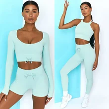 Conjunto esportivo feminino sem costura, roupas esportivas para treino ioga corrida conjunto curto fitness