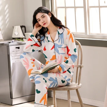

New Cartoon Color Print Pajamas Set Women Long Sleeve Sleepwear Turn-down Collar Casual Nightgown Autumn Winter pyjamas