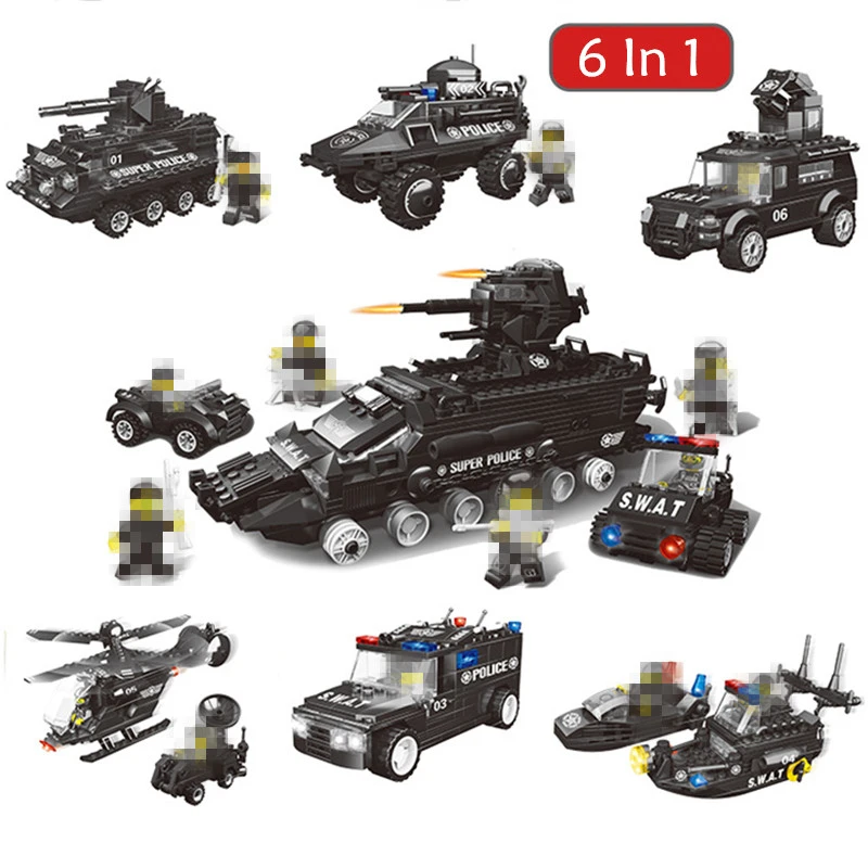 

6 In 1 Assembling Building Blocks City Special Police Military Aircraft Car Police Tank Aircraft Cannon Children Toy Brick Gift