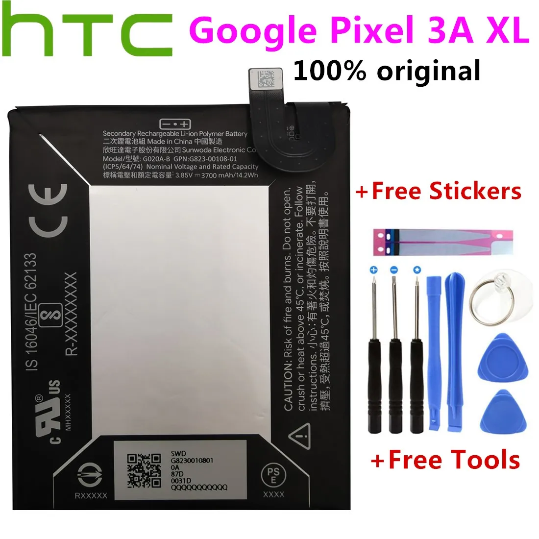 Batterie de remplacement 100% mAh/14.24wh, pour téléphone HTC Google Pixel 3A XL, avec outils et autocollants, 3700 original
