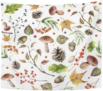 

Watercolor Autumn Forest Pattern Hand Mushroom Rowan Fall Leaves Tapestry Home Decor Wall Hanging for Living Room Bedroom Dorm