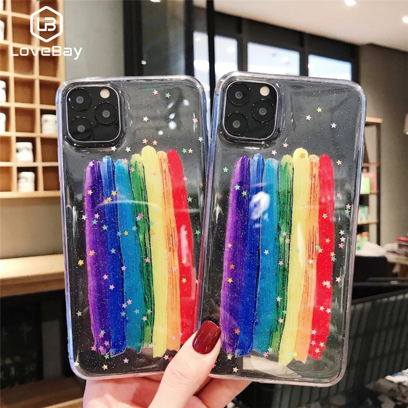Прозрачный чехол Lovebay для iPhone 11 Pro Max XR XS силиконовый милый Радужный с блестками 6 6S