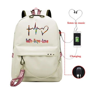 

Trendy Faith Hope Love Backpack Canvas Travel Bags Girls School Bag Large Capacity Vintage Women Daypack with Usb Interface Port