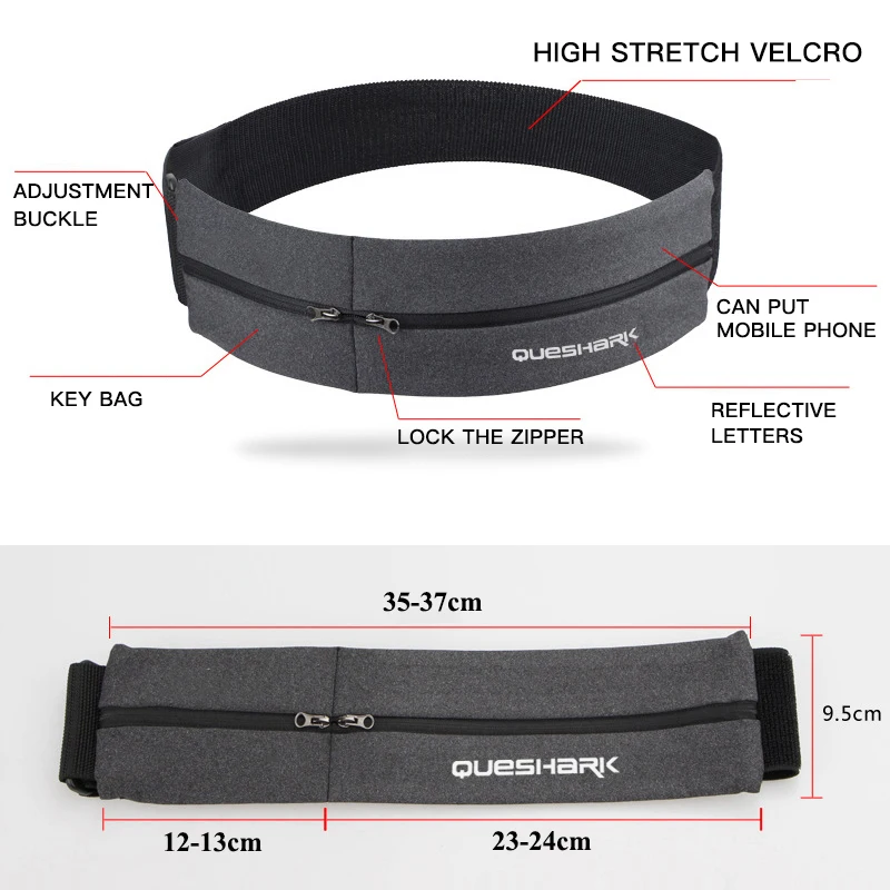 QUESHARK Pro Reflective Elastic Waistband Sport Bag Double Zipper Pocket Running Gym Yoga Waist Belt Pack Phone Wasit Wallet Bag