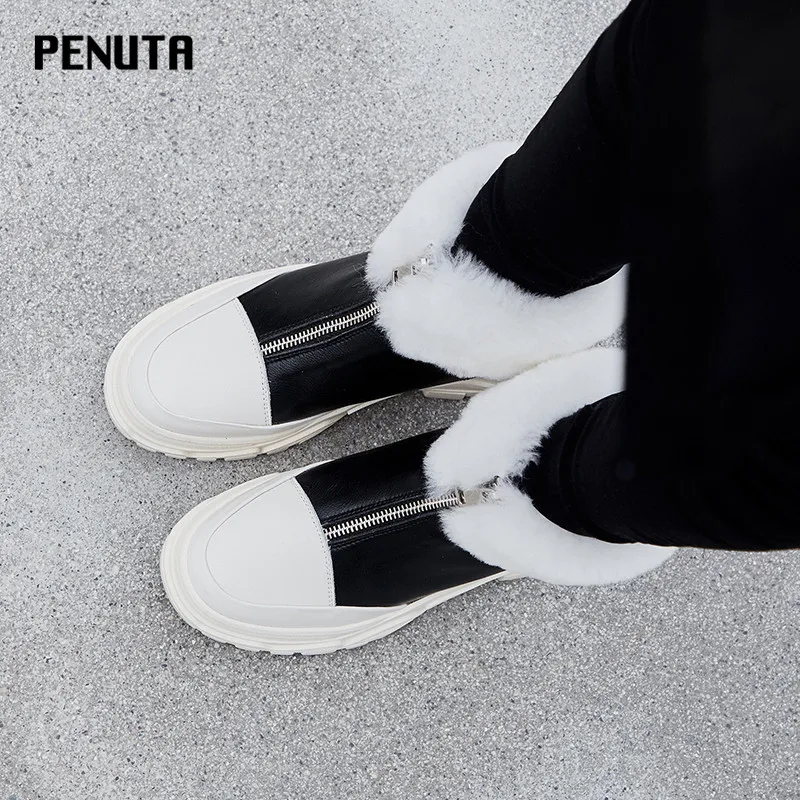 PENUTA/черные ботинки; женская обувь из натуральной кожи на платформе; женские зимние ботинки на меху; зимние ботинки на молнии; Европейский Повседневный стиль